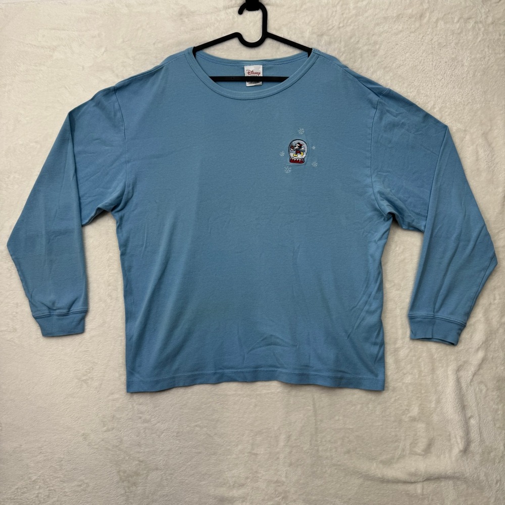 Disney Store Long Sleeve Shirt Mens L Blue Mickey‎ Mouse Snow Globe Embroidered